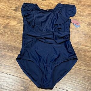 Navy blue ruffled padded high neck key hole back one piece bathing suit